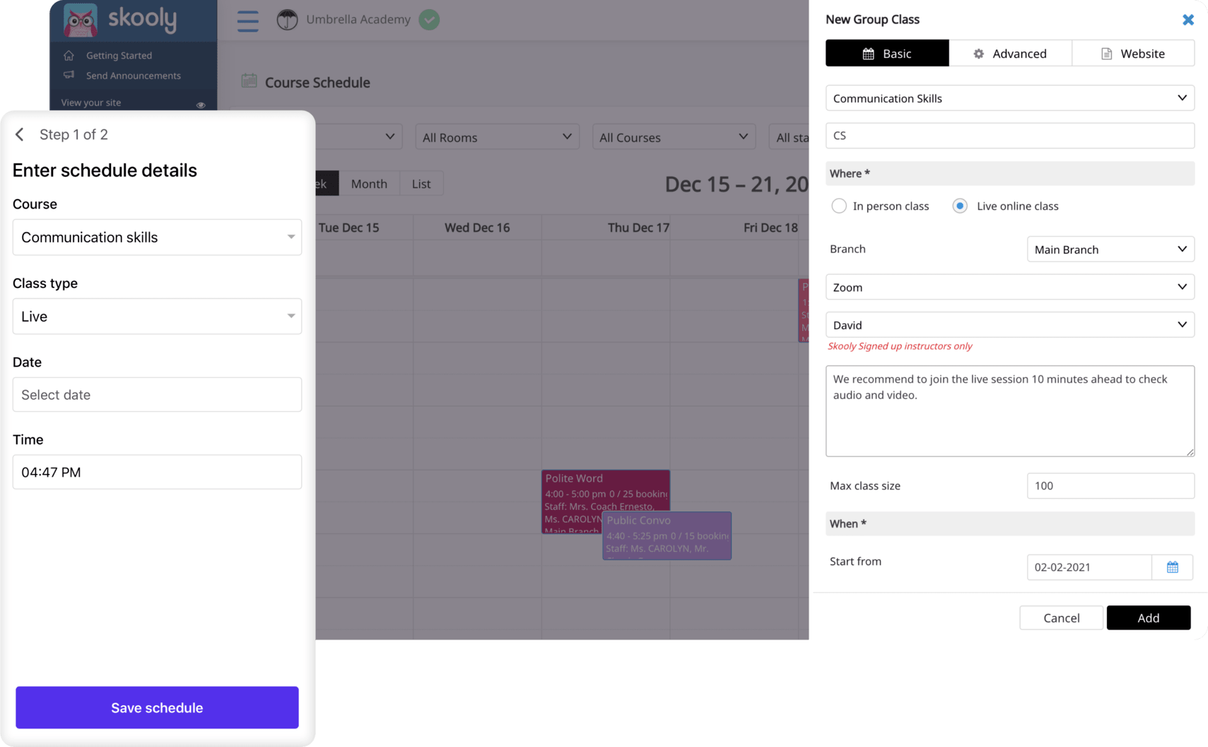 LIVE CLASSES, SCHEDULING & COMMUNICATION